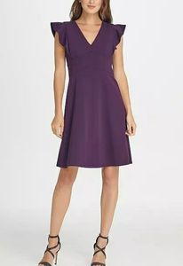 DKNY DKNY V-Neck Ruffle Cap Sleeve Aubergine